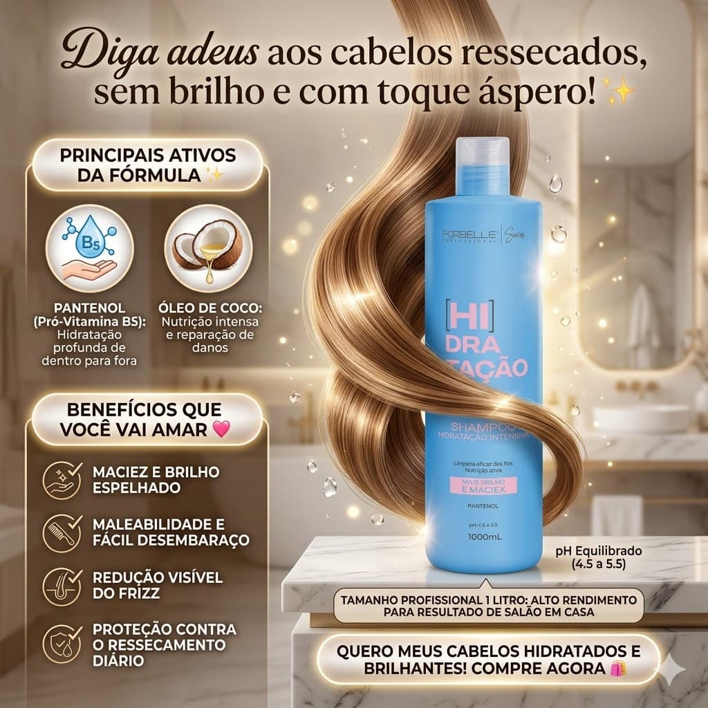 Shampoo Hidratação Intensiva Forbelle Professional 1 Litro -(Pantenol + Óleo de Coco)