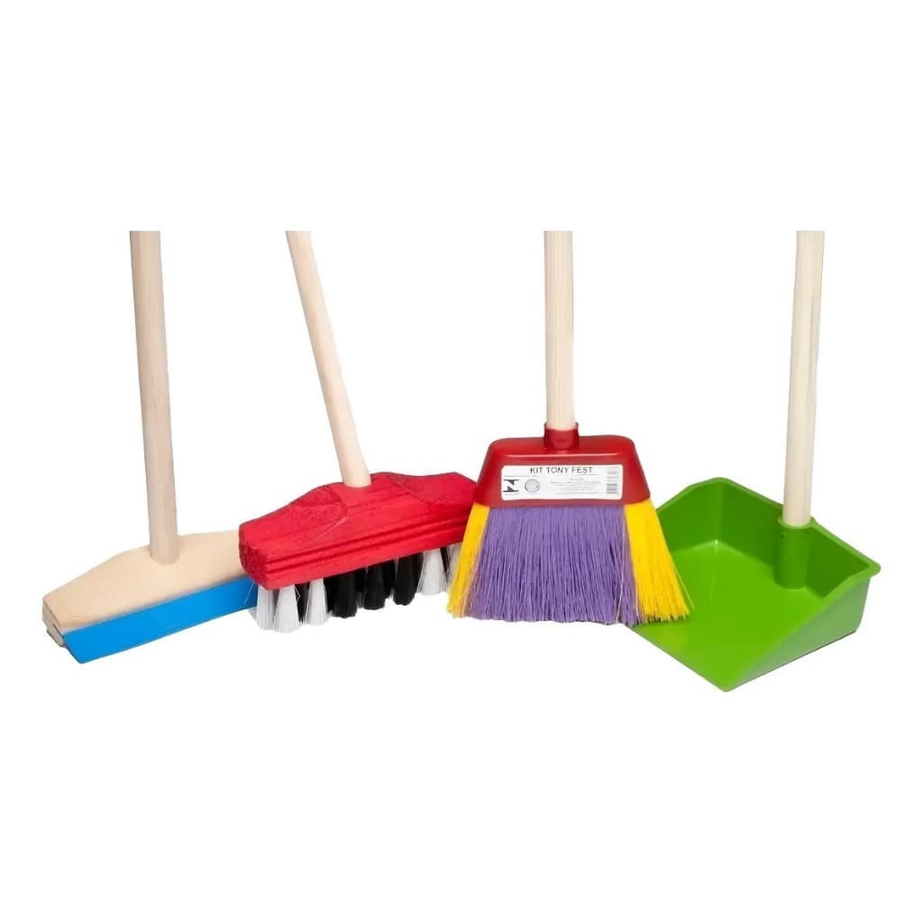 Kit Limpeza Infantil Pá Vassoura Rodo Madeira Brinquedo Kids 4PÇS