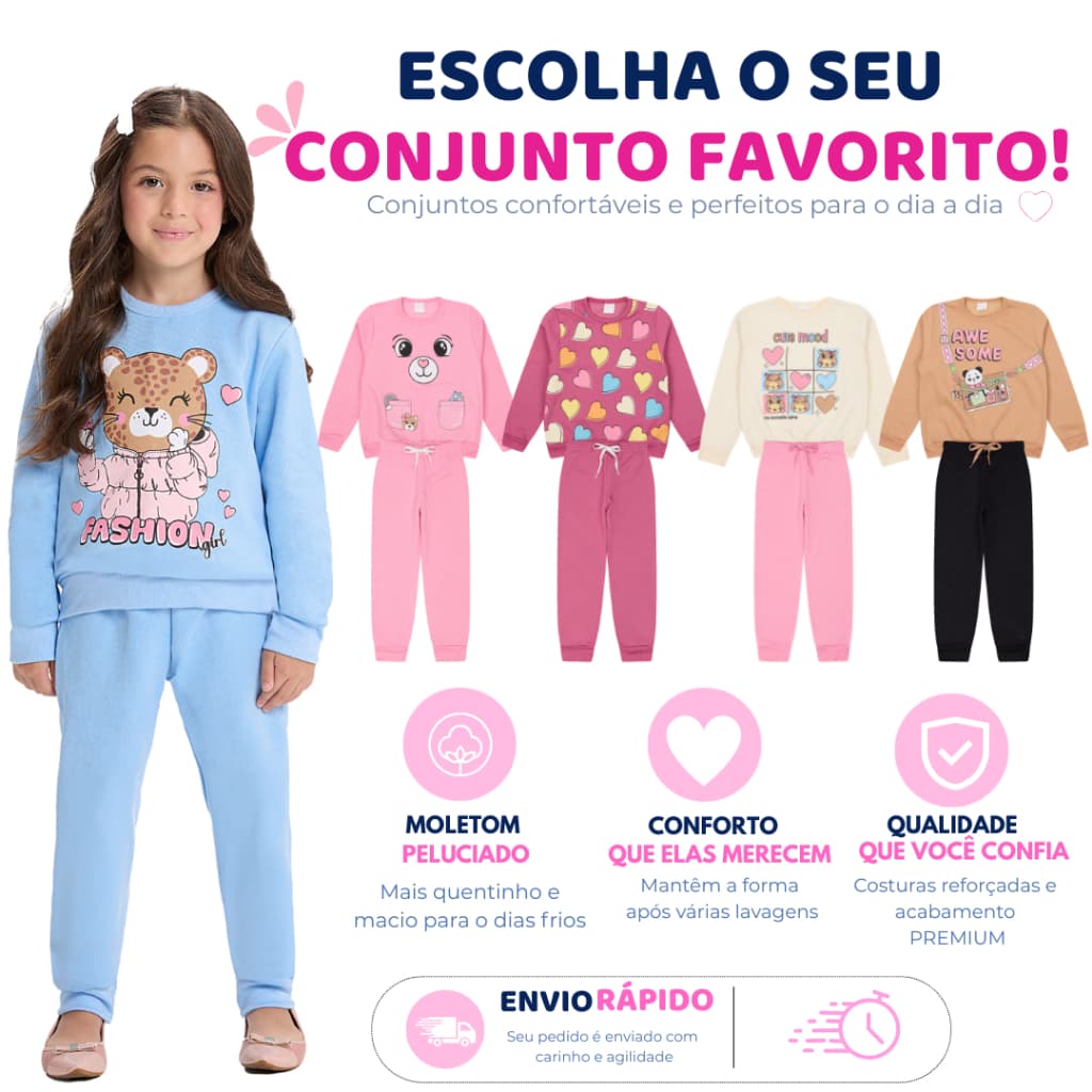 Conjunto Moletom Peluciado Infantil Menina Inverno 2 ao 10 anos - Escolha seu modelo favorito
