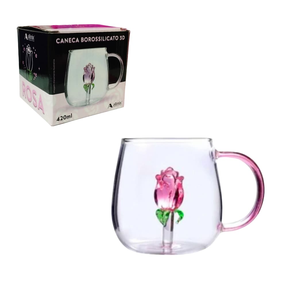 Caneca Vidro Escultura 3D Rosa Flor 420ml
