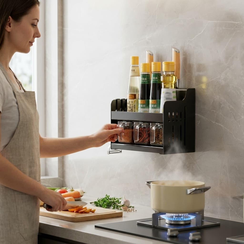 Organizador de Parede Com 3 Porta Temperos Condimentos e 3 Ganchos Utensílios de Cozinha