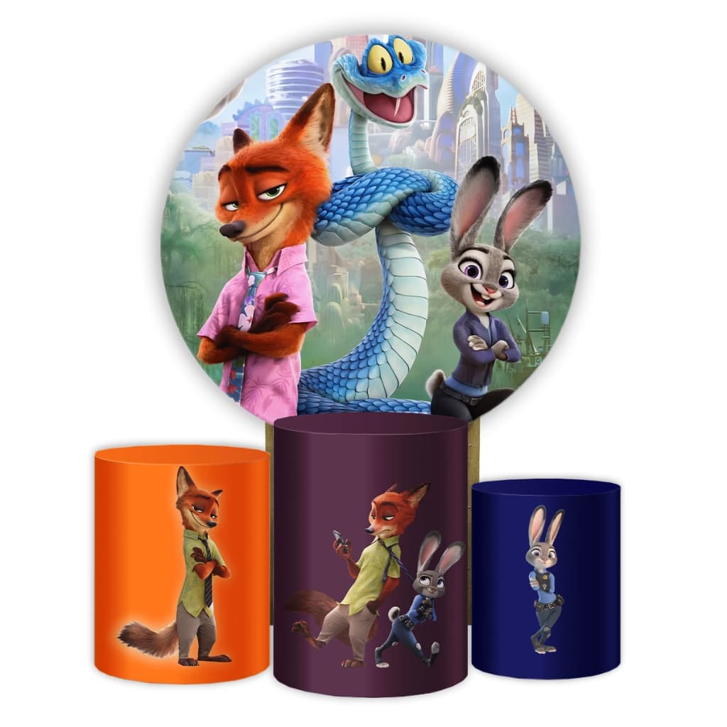 Capas Painel e Cilindros Decoração Festa Tema Desenho Infantil Zootopia 2 Veste Fácil