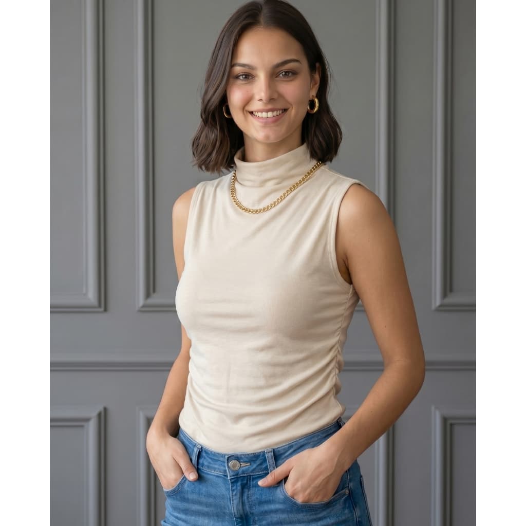 Blusa feminina Gola Alta regata grapeada Elegante sem mangas viscose com elastano