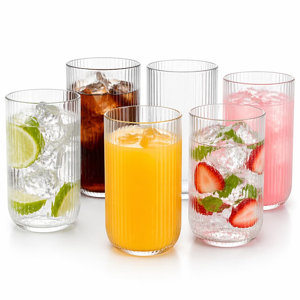Jogo Copos de Vidro Canelado 6 Peças 460ml | Kit Elegante Mesa Posta Água Suco Drinks Versalhes Design Moderno Premium