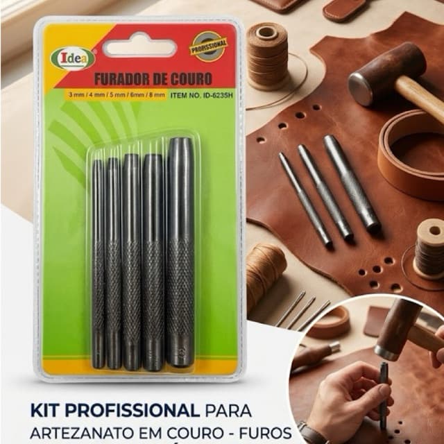 Furador de Couro Profissional 3mm a 8mm Vazador Manual para Cinto Bolsa Artesanato
