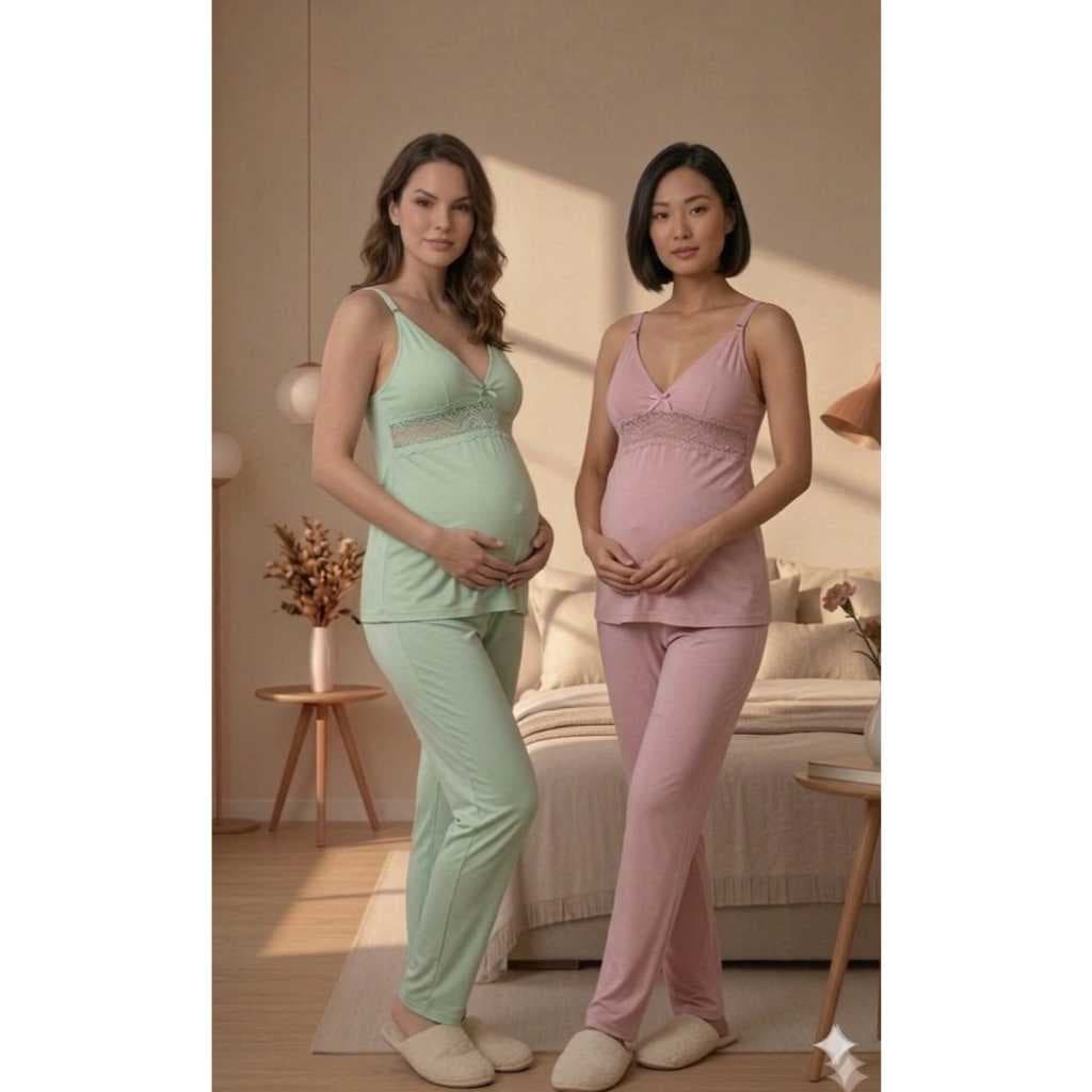KIit 2 Pijama Amamentação PÓS PARTO com Renda Blusa Alça Reforçada Com Click Roupa Maternidade