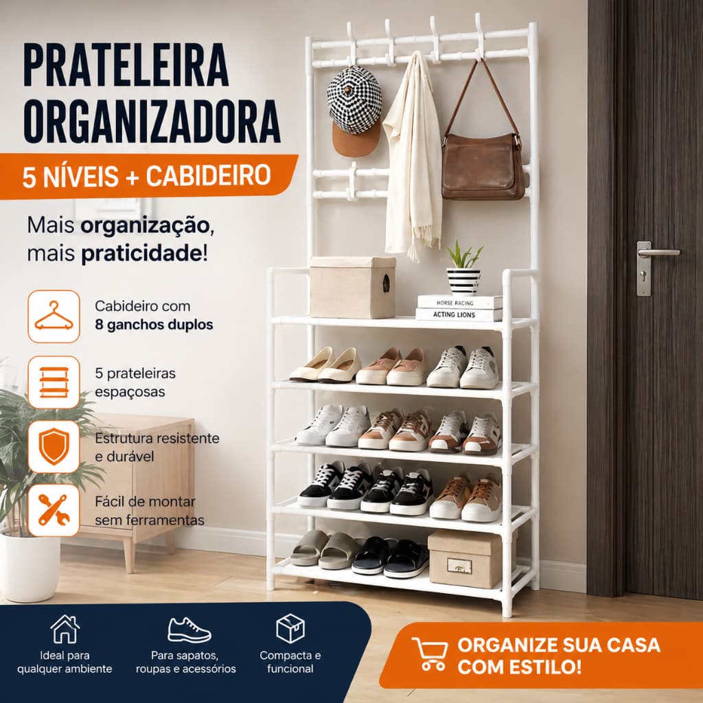 Prateleira Sapateira Organizadora 5 Níveis Cabideiro Ganchos | Multiuso Compacta | Roupas Acessórios