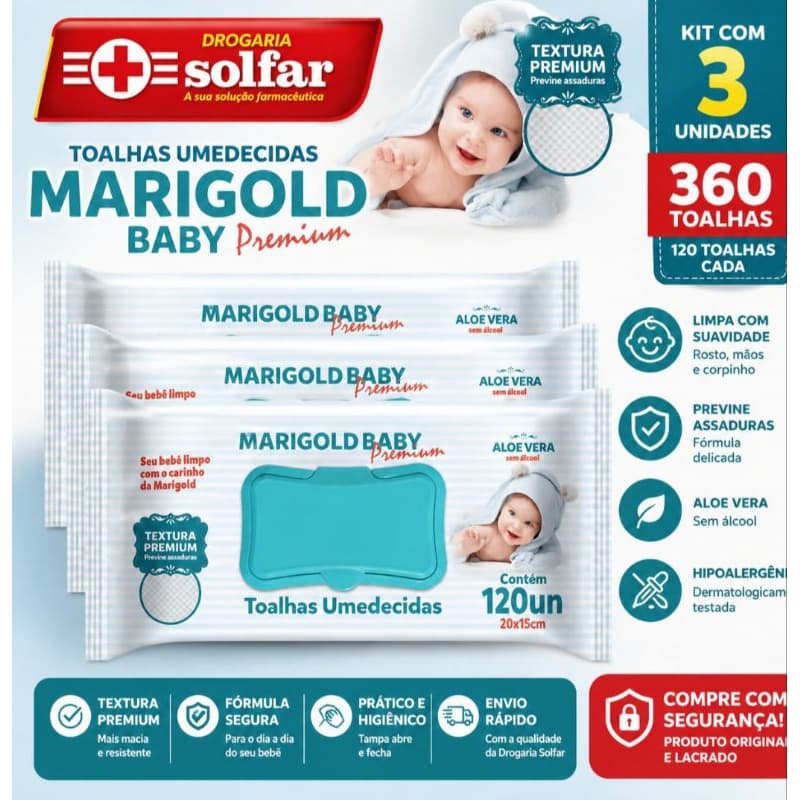 Toalhas Umedecidas Marigold Premium C/100 | Suave e Hipoalergênica | Kit Econômico | Drogaria Solfar