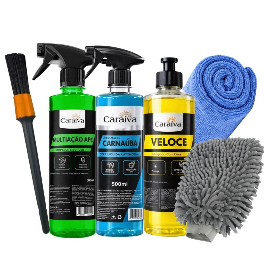 KIT LIMPEZA COMPLETA AUTOMOTIVA PARA LAVAR CARRO MOTO CERA LIQUIDA AUTOMOTIVA DE CARNAUBA APC SHAMPOO COM CERA PINCEL