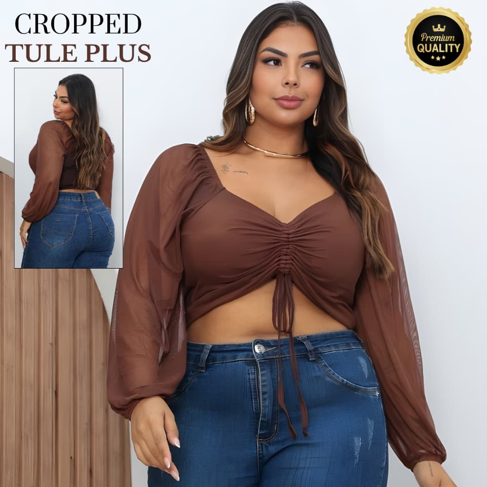 Blusa Cropped Plus Size G1 | Manga Bufante Tule Romântico | Com Bojo e Regulagem Veste 48 ao 50