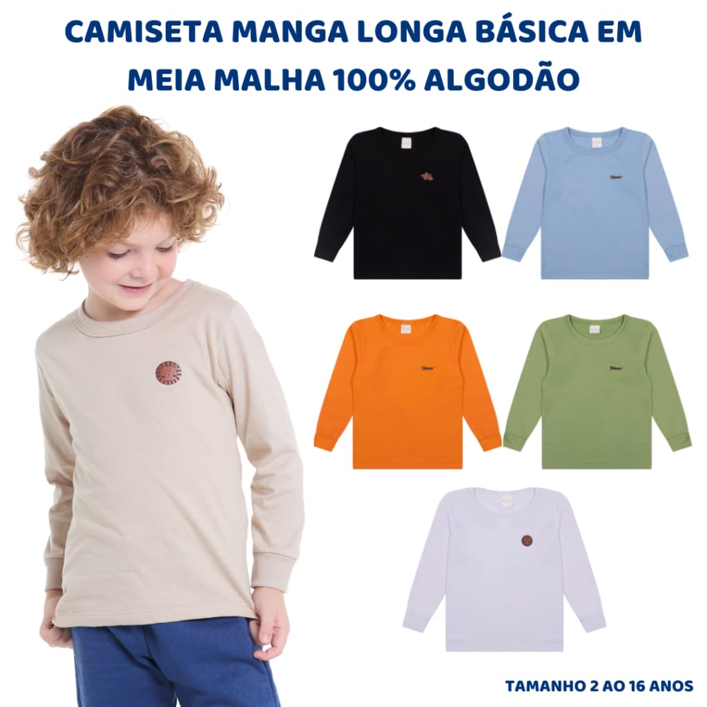 Kit 2 Camisetas Manga Longa em Meia Malha Premium Infantil Menino 100% algodão