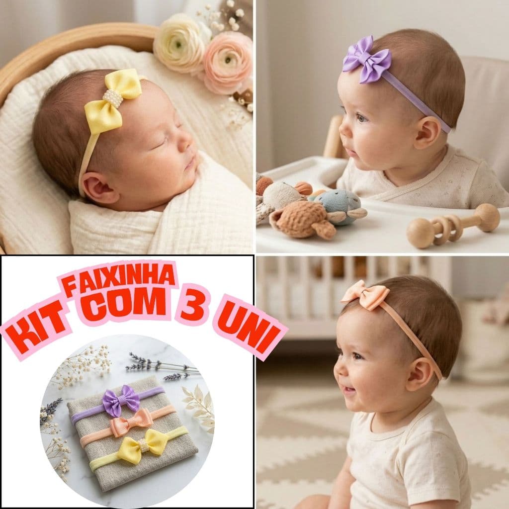Faixinhas Para Bebê Recém Nascido Kit 3 Uni Laço Pequeno Meia de Seda Menina Confortável Tiara Macia