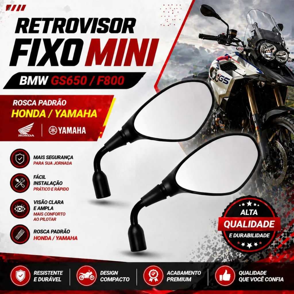 Par De Retrovisor Mini Bmw Fixo Gs650/f800 Rosca Padrão Honda/Yamaha Titan Bros Biz Fan