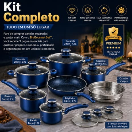 Panelas Antiaderente 9 Peças Azul Não Gruda – Kit Cozinha Completo Fácil de Limpar e Durável BluGourmet Prestige