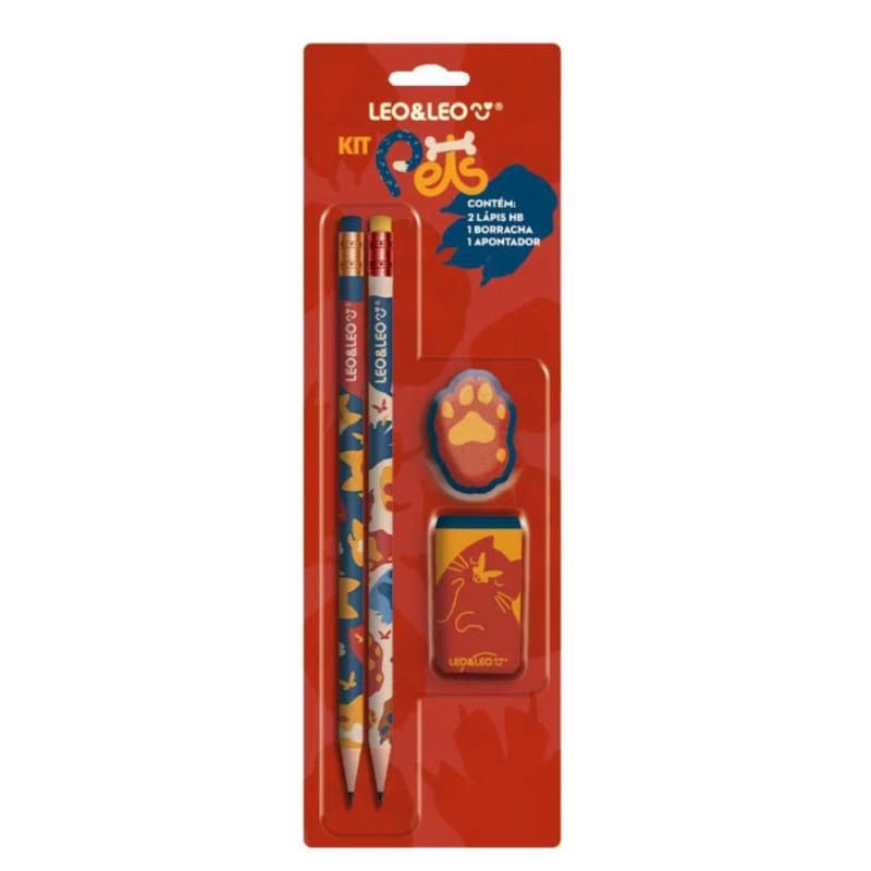 Kit Escolar Pets Leo&Leo 🐾 | 2 Lápis HB + Borracha + Apontador | Papelaria Fofa Infantil