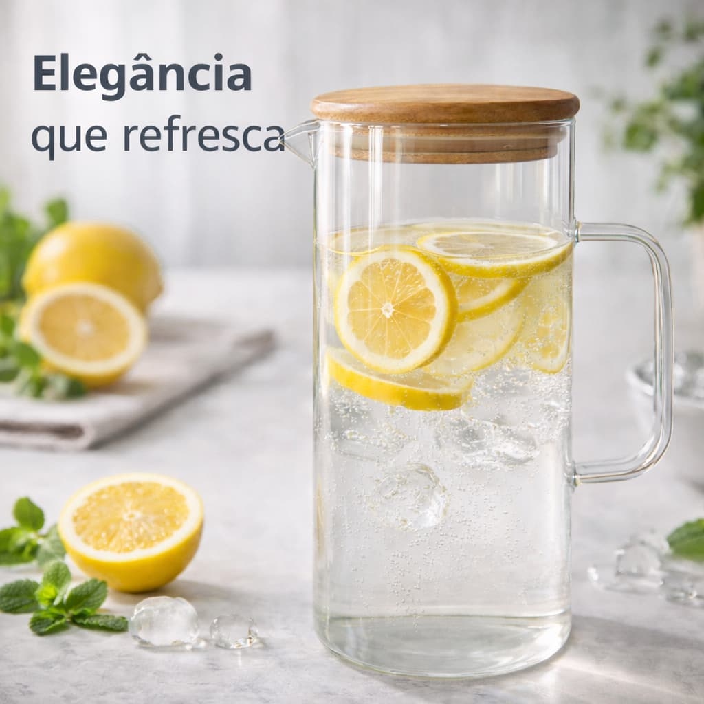 Jarra De Vidro Com Tampa De Bambu Para Servir Suco Água 1500ml