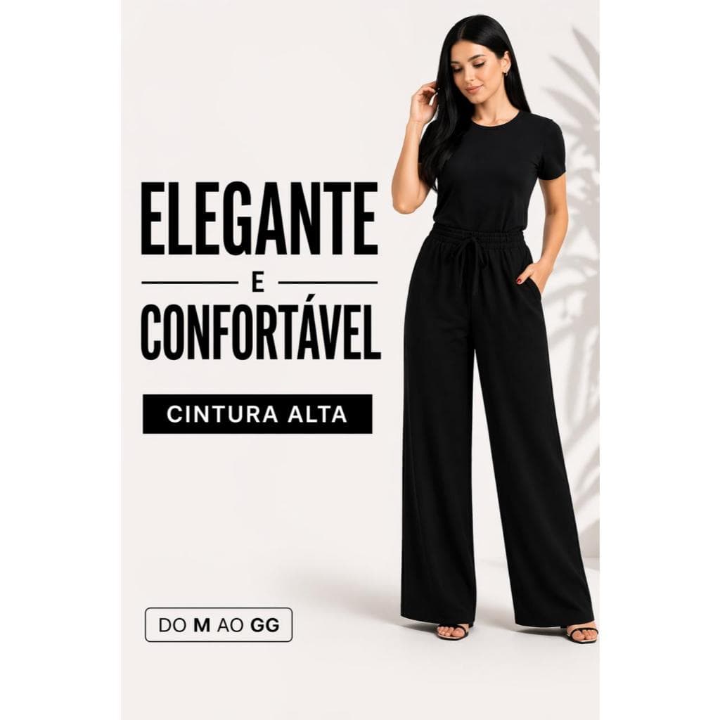 Calça Pantalona Feminina Cintura Alta Elástica Com Bolso Confortável Não Marca Wide Leg Moda 2026 Veste do M ao GG
