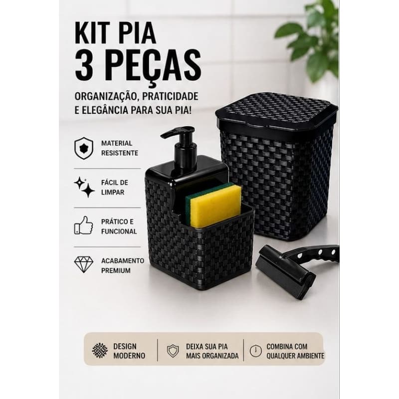 Kit Pia Rattan 3 peças com Lixeira 5L + Dispenser e Rodinho