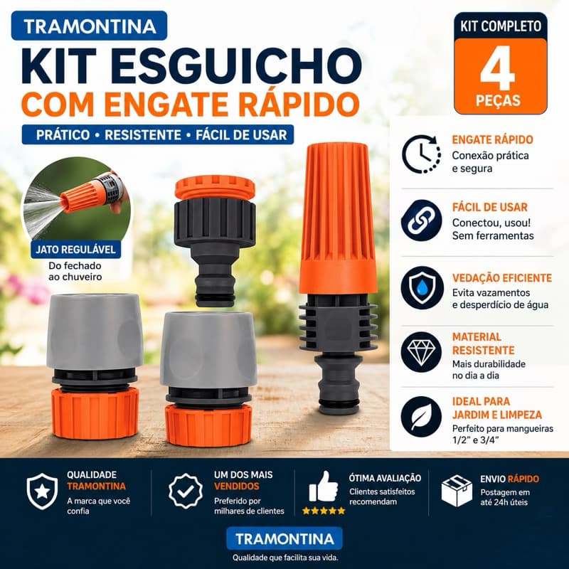 Esguicho e Engate Rápido Tramontina 4 Peças prático – Mangueira Jardim Torneira 1/2 e 3/4
