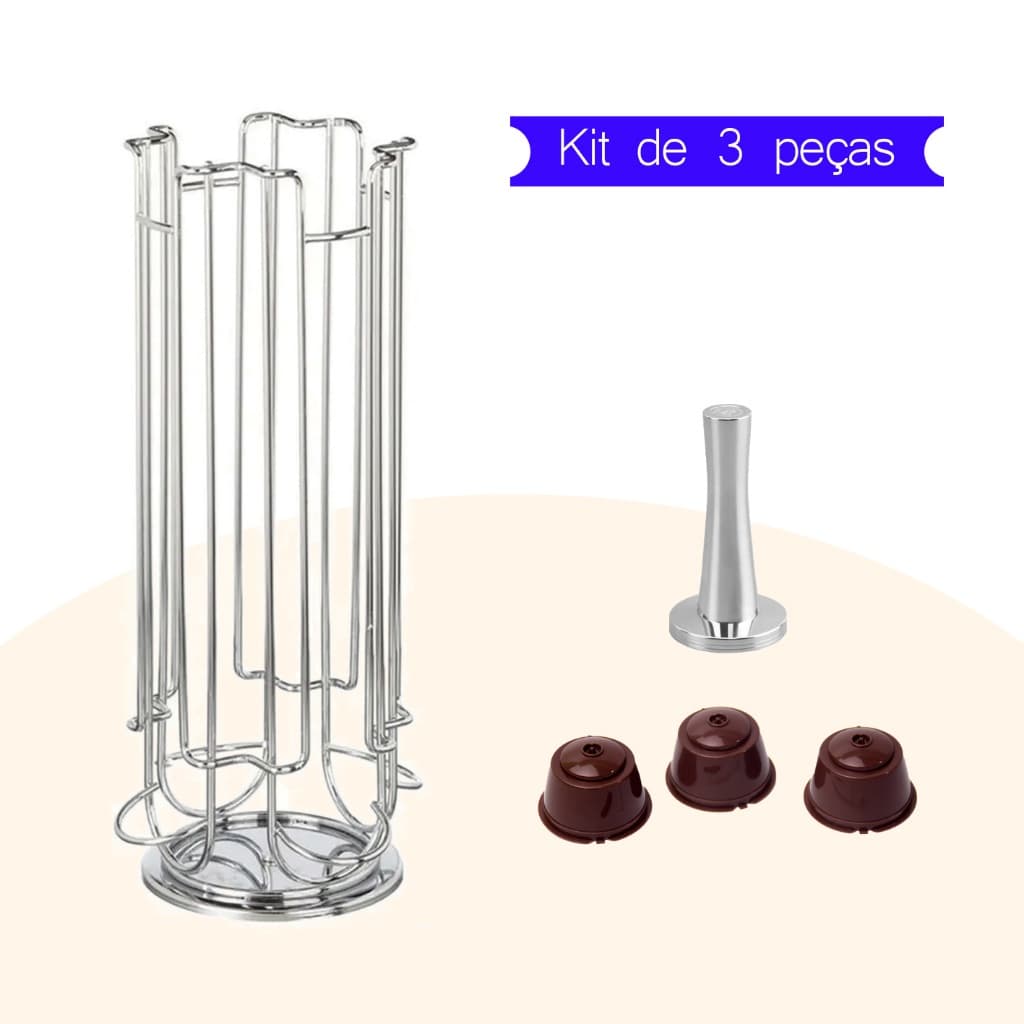 Porta 24 Cápsulas Dolce Gusto 360º Inox Escritório +3 Cápsulas Reutilizável Com Filtro +Tamper De Aço Compactador