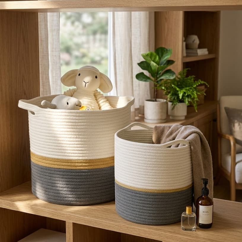 Conjunto Cesto Organizador Corda Algodão Luxo 2 Unidades – Cesto Decorativo Multiuso com Alça