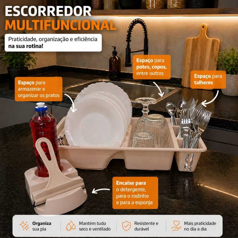 Kit Cozinha Completa Escorredor De Louça + Porta Detergente + Rodinho Pia