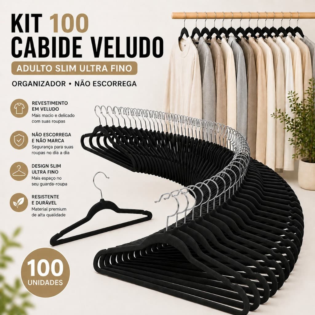 Kit 100 Cabide Veludo Adulto Slim Antideslizante Ultra Fino Organizador Quarto Closet