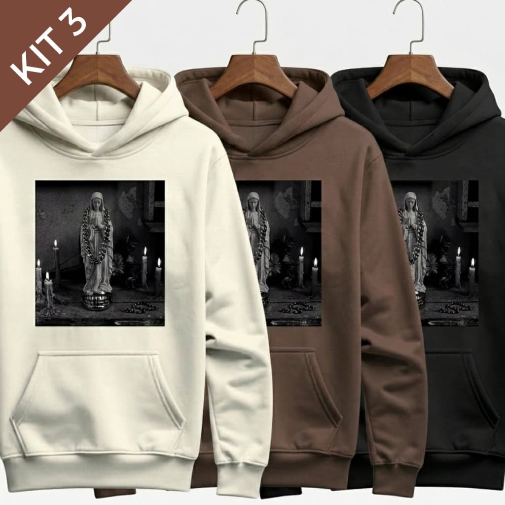 Kit 3 Moletom Canguru Premium Streetwear Unissex Estampado Com Capuz Blusa Frio Inverno