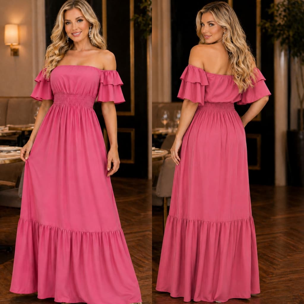 Vestido Moda Feminina  Longo Ombro a Ombro Rosé Elegante Festa Casual Chic