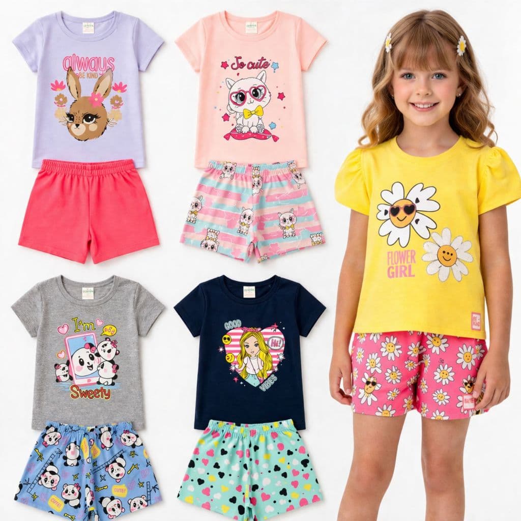 Kit Sortido 10 Peças de Roupas Infantil Menina - 5 Camisetas + 5 Bermudas - Promoção - Kit com 5 Con