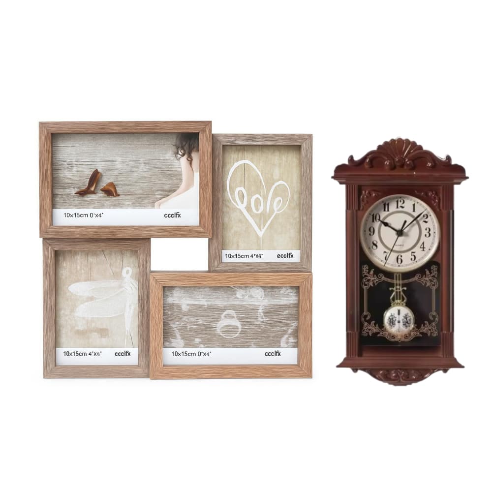 Kit de Relógio Parede Pêndulo Retrô e Porta Retrato Para 4 Fotos