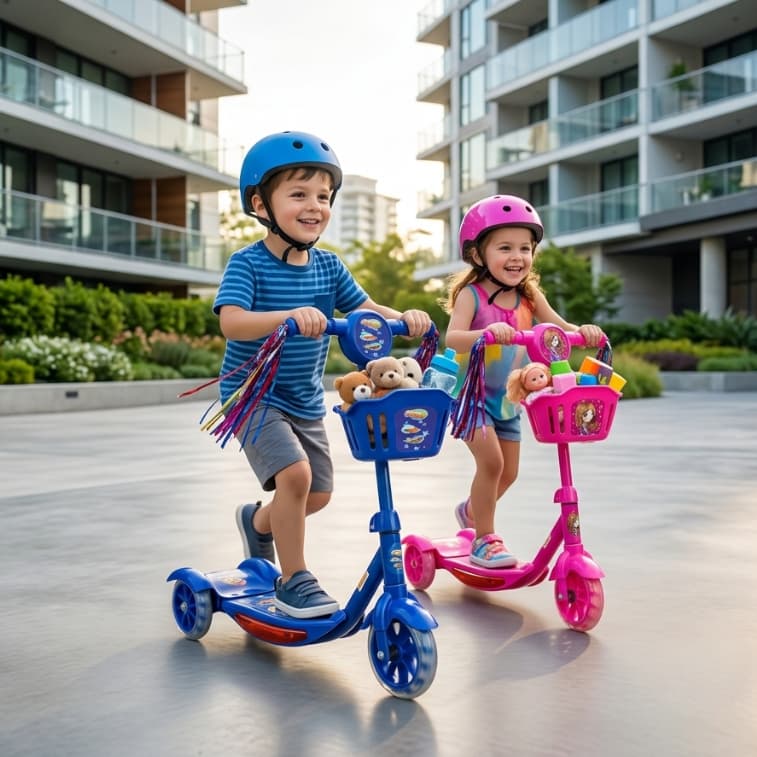 Patinete Infantil 3 Rodas Rosa e Azul Luz Som Rodas LED Cestinha Seguro 35kg