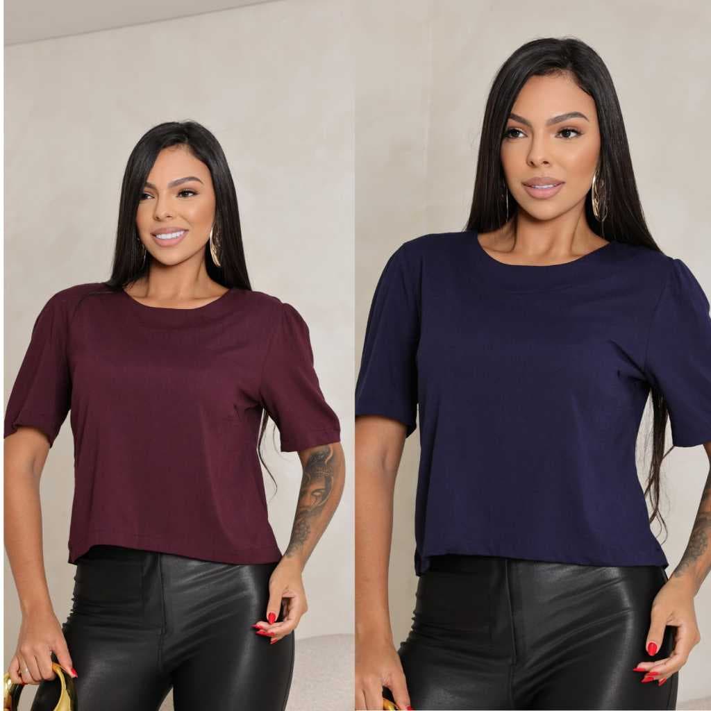 BLUSA FEMININA MANGA CURTA TECIDO VISCOLINHO COM ELASTANO