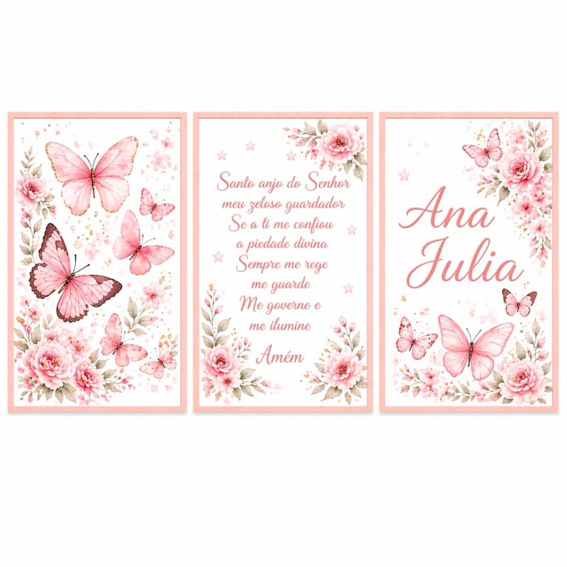 Kit 3 Quadros Decorativos Infantil Borboletas com Oração Santo Anjo Personalizado