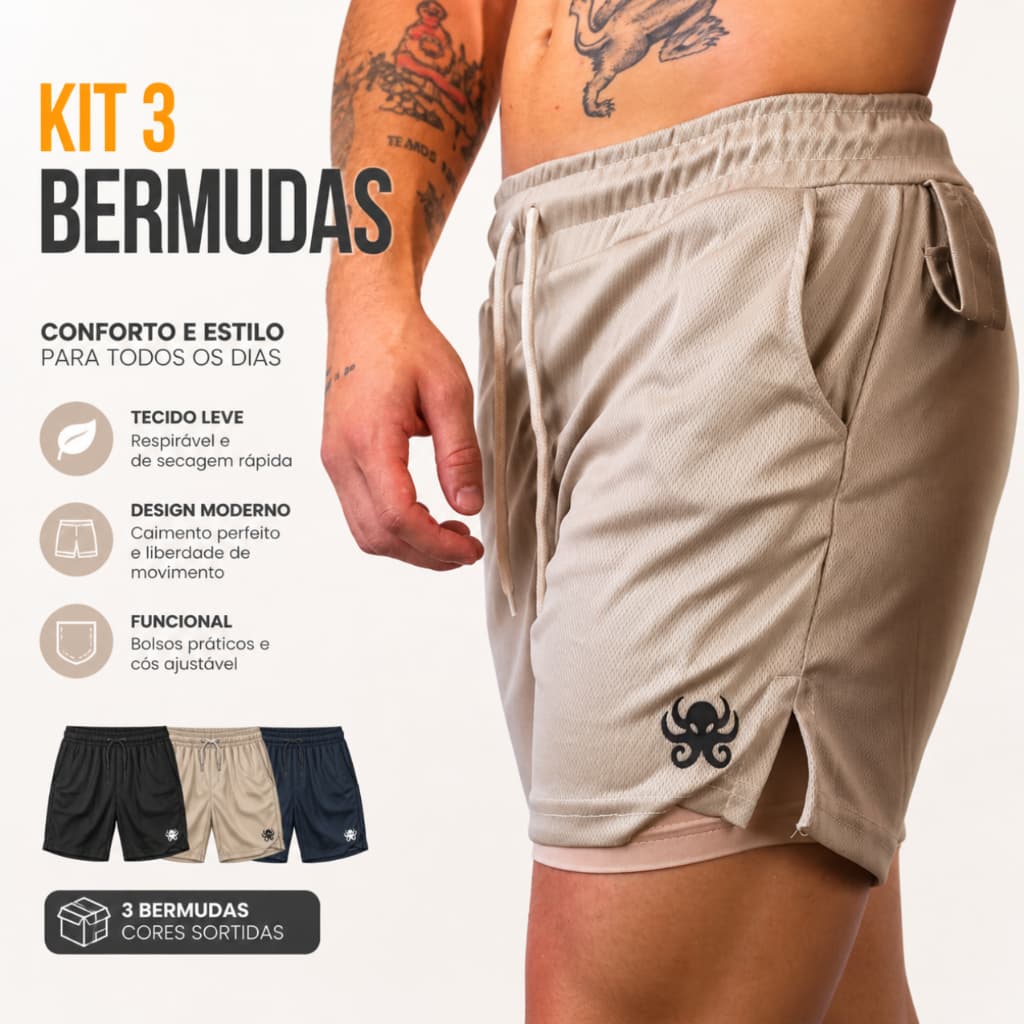 Kit 3  Bermudas Masculinas 2 em 1 Kraken Premium Com Forro de Compressão e Suporte para Toalha.
