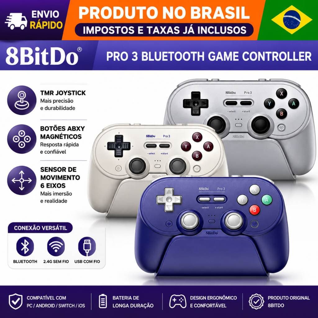Controle 8Bitdo PRO 3 TMR, HALL EFFECT, Dock de carregamento, Switch 1/2, Windows , iOS , Android.