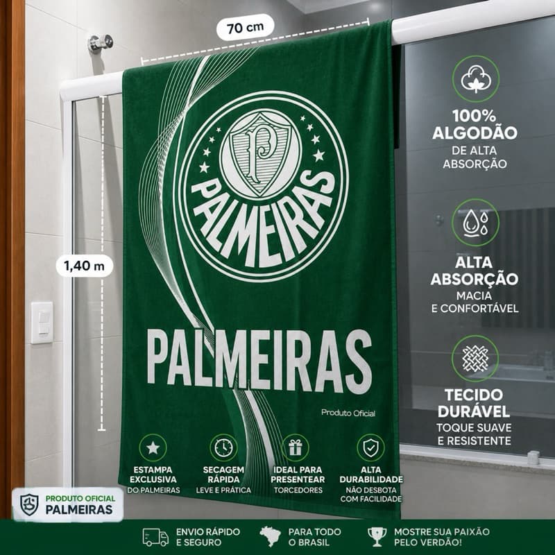 Toalha de Banho Palmeiras Oficial 70x140cm | 100% Algodão Alta Absorção Macia Grande Torcedor Verdão