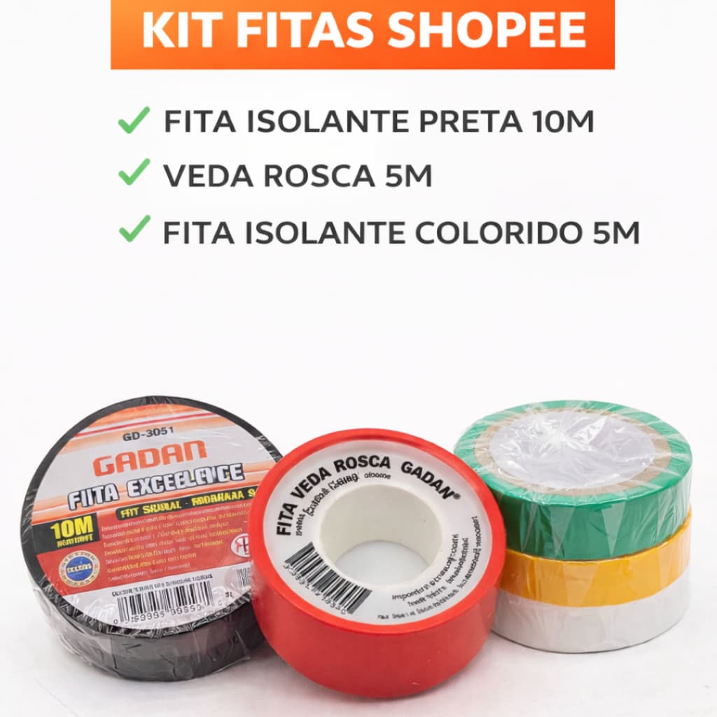 Kit Fitas Reparo Completo: Fita Isolante Preta 10m + Veda Rosca 5m + Jogo Fitas Coloridas 5m Gadan Para Elétrica e Hidrá