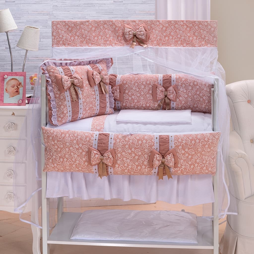 Kit Enxoval de Mini Berço 100% Algodão 11 Peças com Saia Quarto Bebê Menino Menina