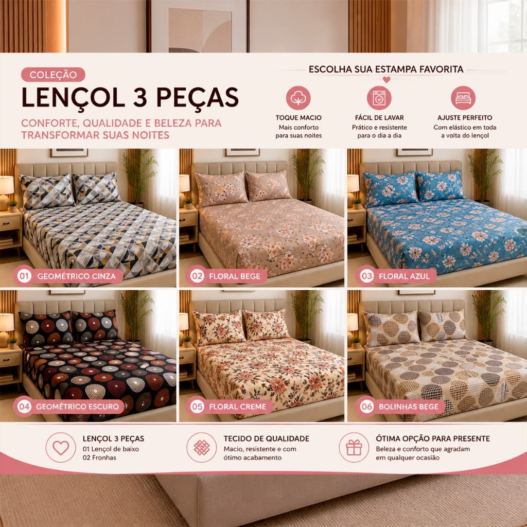 Jogo Lençol 200 Fio Micropercal Estampas Fronha Ponto Palito Lençol c/ elástico Casal Queen Solteiro