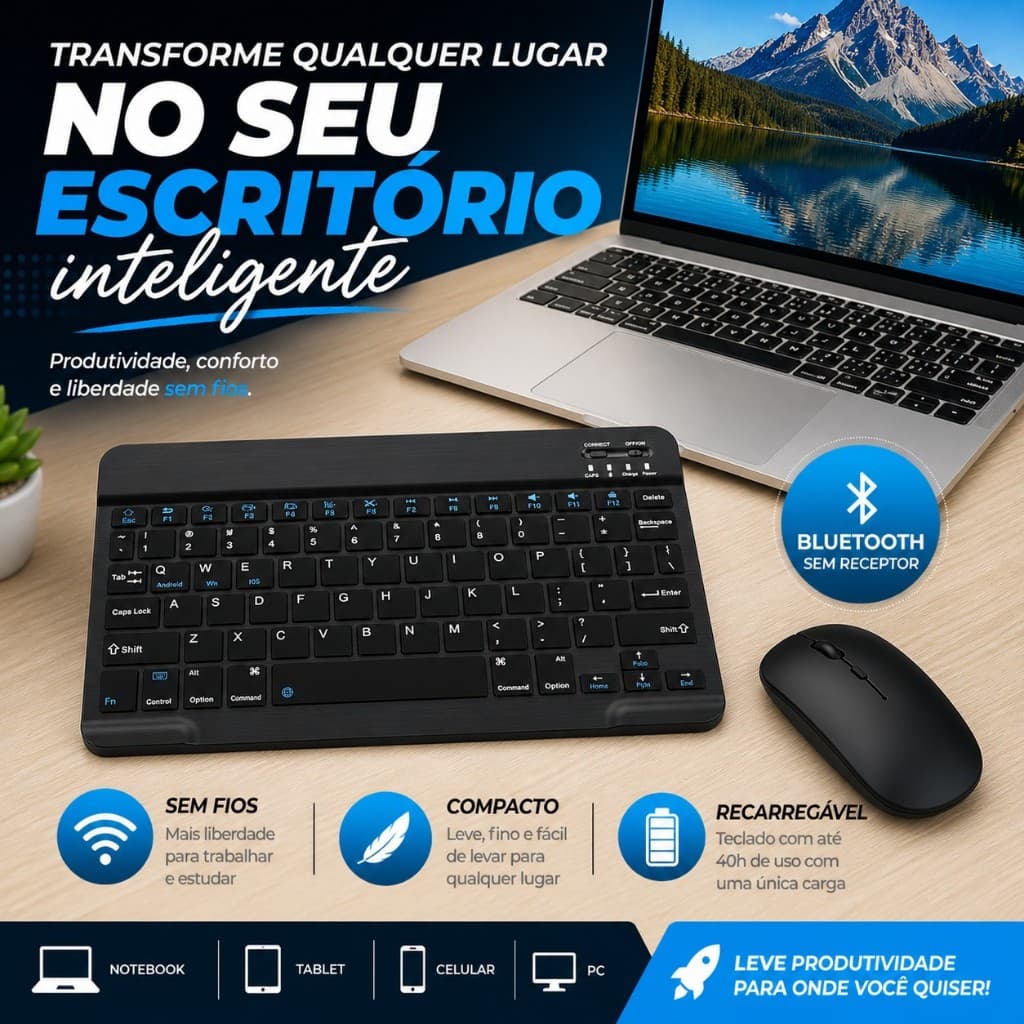 Teclado e Mouse Sem Fio Bluetooth Para Notebook Tablet iPad Android Windows Kit Compacto