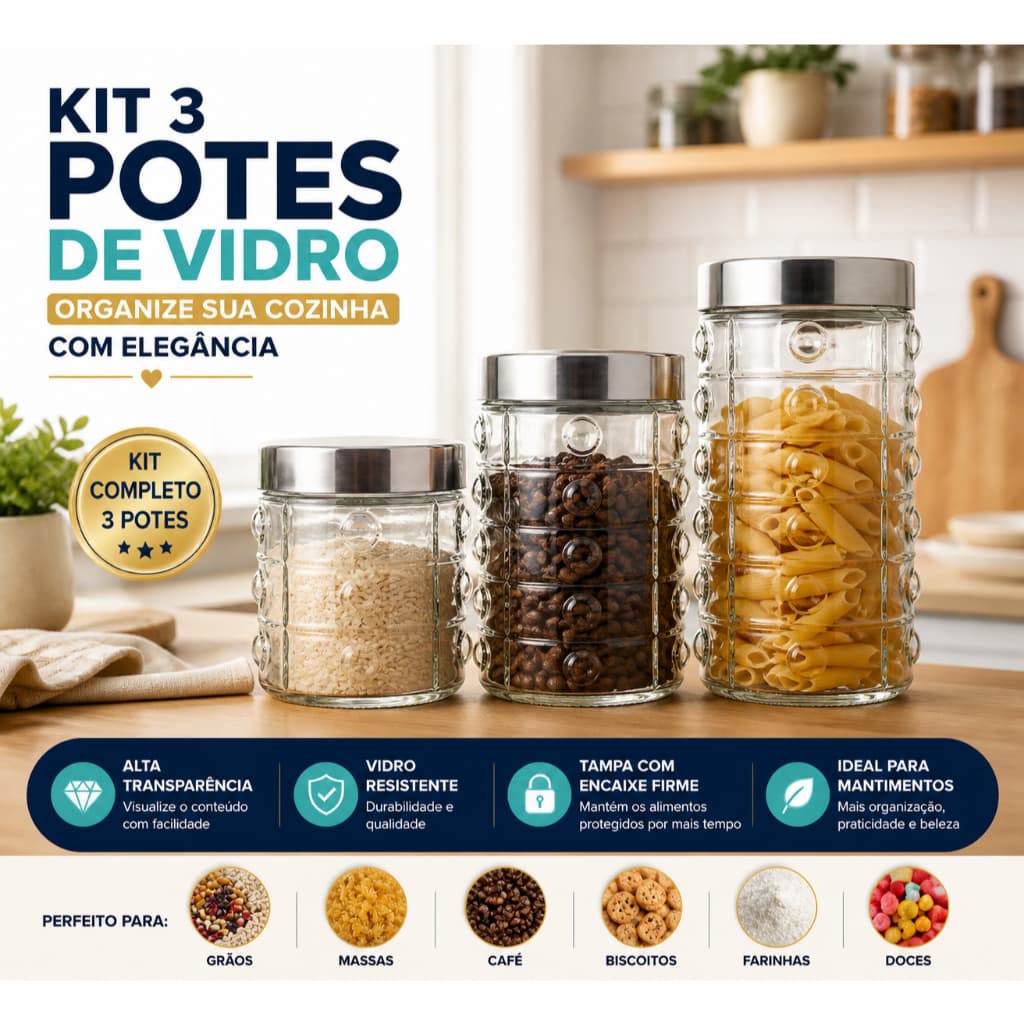 Conjunto 3 Potes de Vidro para Cozinha Organização e Conservação