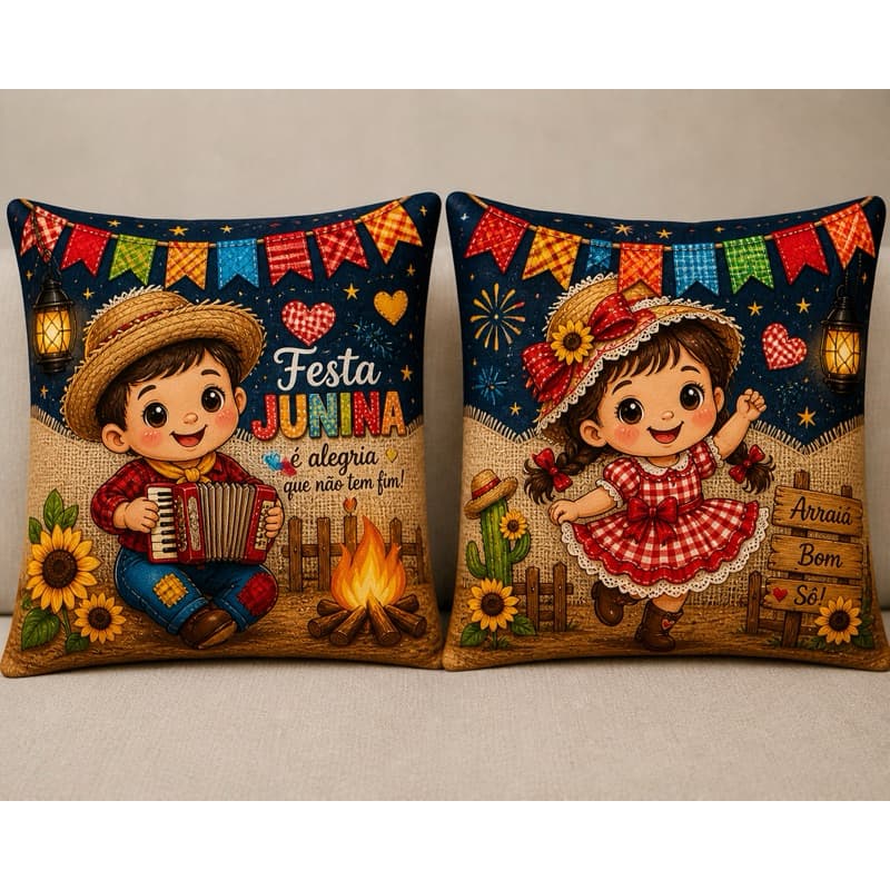 Kit 2 Capas de Almofadas Festa Junina Ursinhos 45x45 Oxford Decoração São João Arraiá