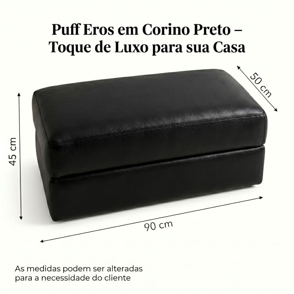 Puff Decorativo Corino Preto 90cm | Banco Estofado Moderno