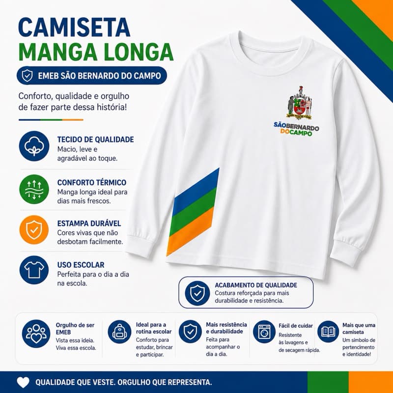 Camiseta Escolar EMEB Manga Longa São Bernardo do Campo Infantil Confortável Uniforme Inverno
