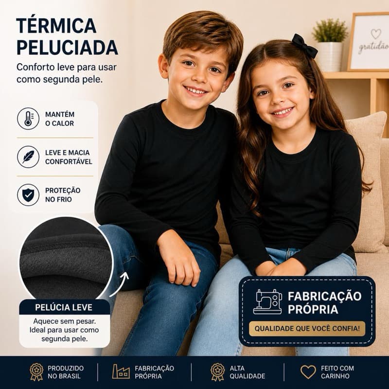 Kit 2 Blusas Térmicas Peluciada Infantil Manga Longa Camisa Térmica Unissex Inverno