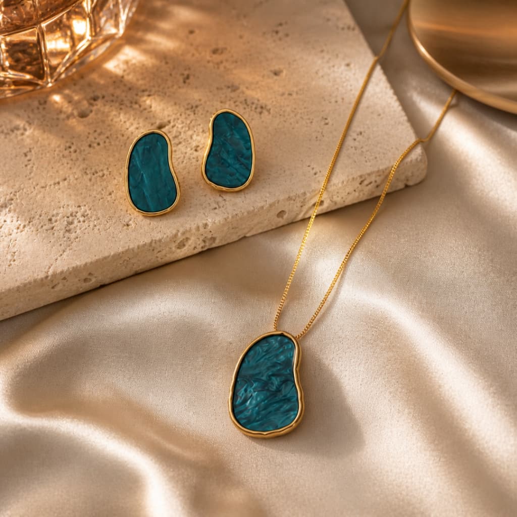 Conjunto Colar + Brinco Pedra Azul Turquesa Feminino Elegante
