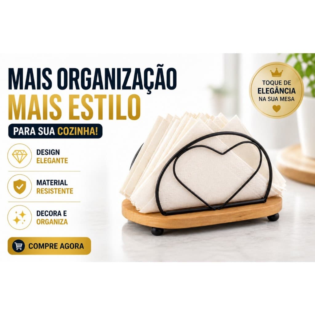 Porta Guardanapo Coração Madeira e Metal | Organizador Elegante para Cozinha e Mesa