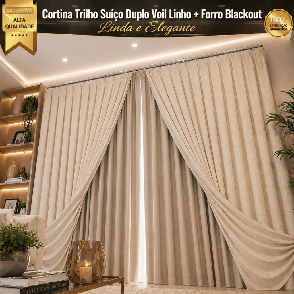 Cortina Trilho Suíço Sala Quarto 3 Metros Duplo Voil Linho Com Forro Blackout 90% Luxo