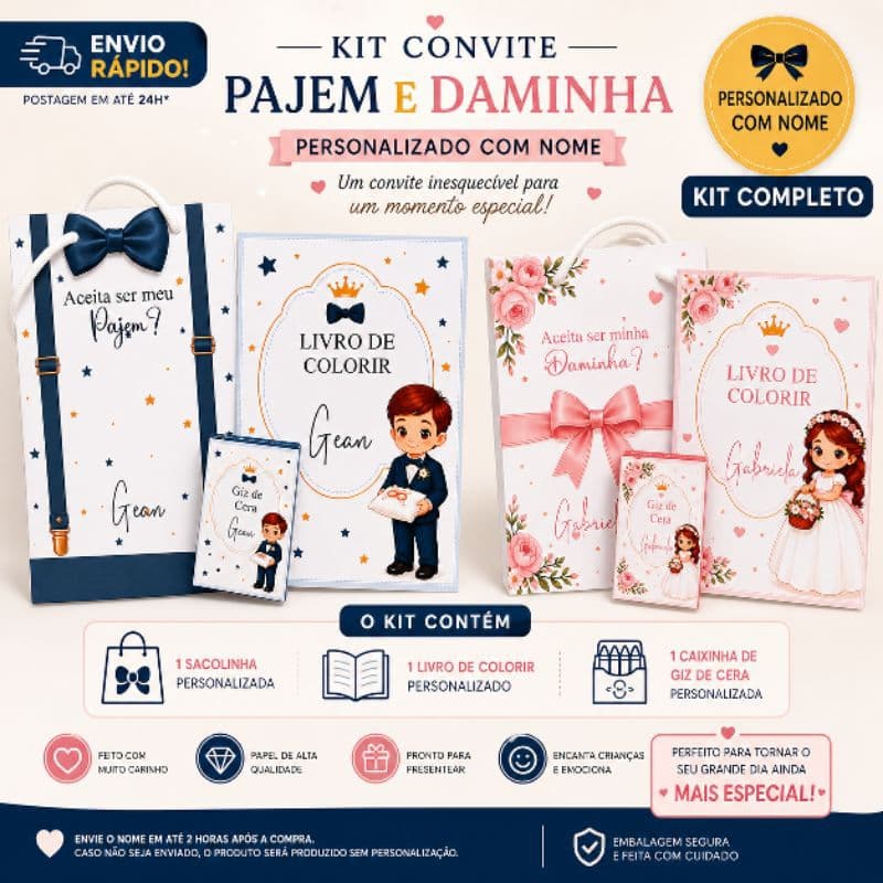 Kit Convite Pajem e Daminha Personalizado com Nome + Livro de Colorir + Giz de Cera | Presente Casamento